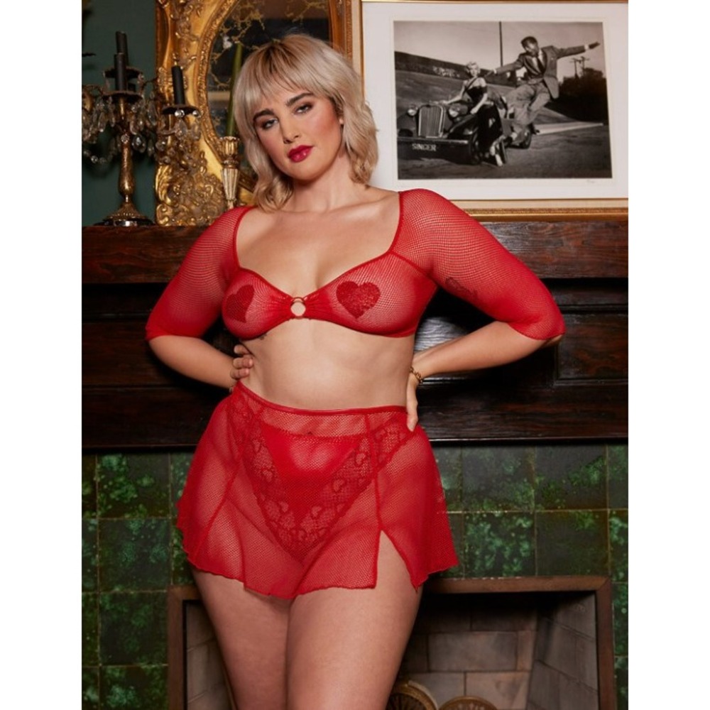 Savage X Fenty Glossy Flossy Fishnet Half Slip Red Mesh Lingerie Skirt 3X